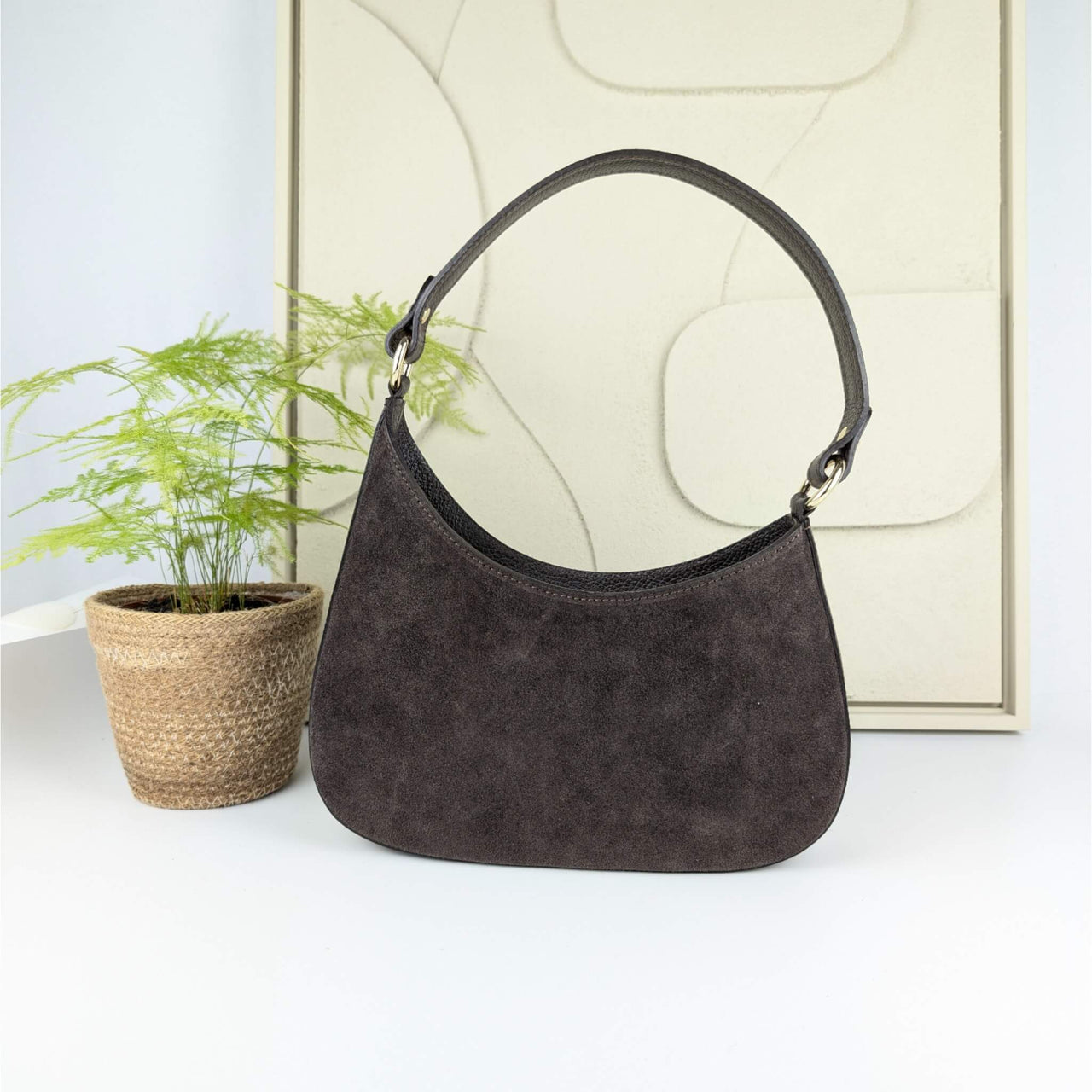 Amvea Suede and leather half-moon bag chocolate