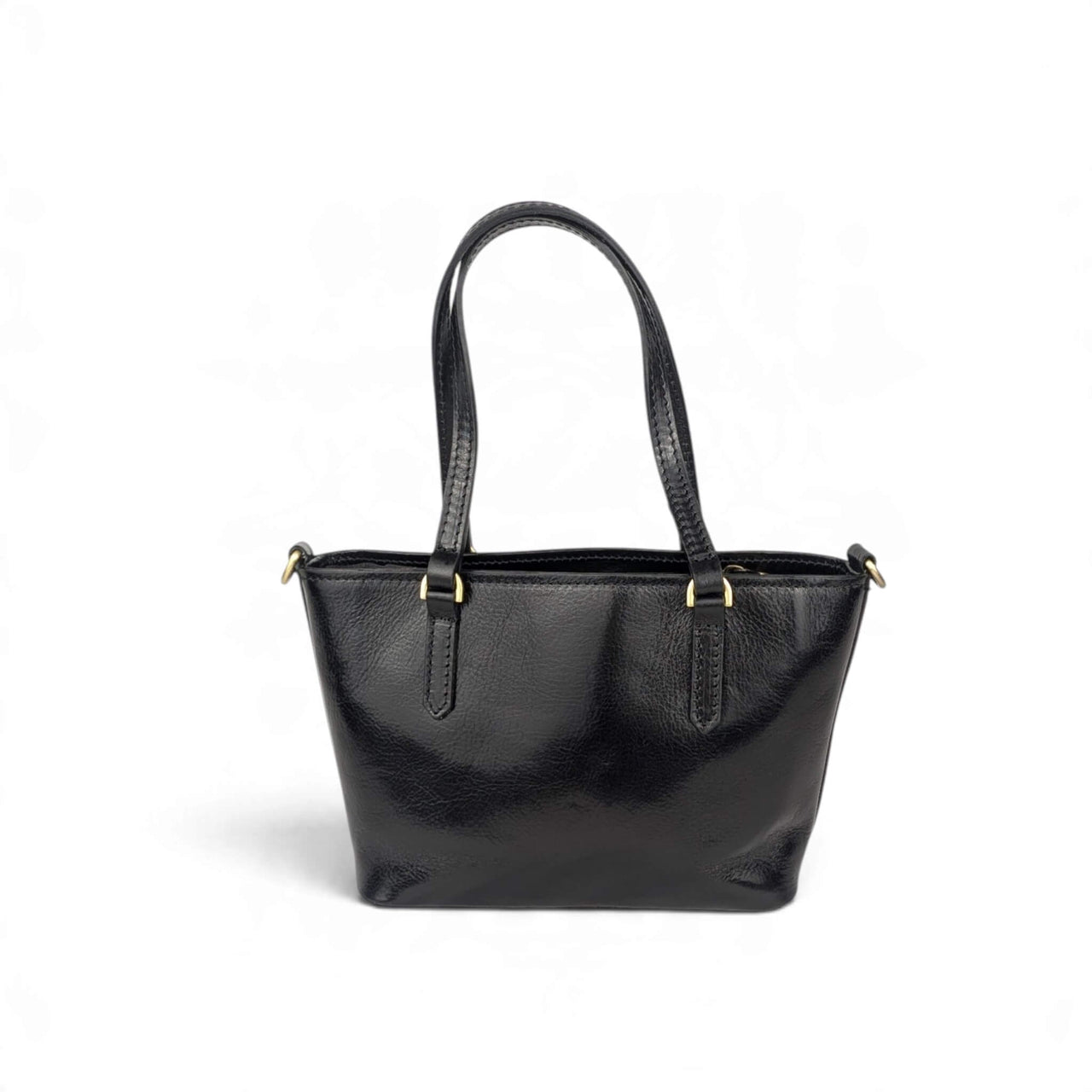 Black leather handbag, back view, House of Enira Isual