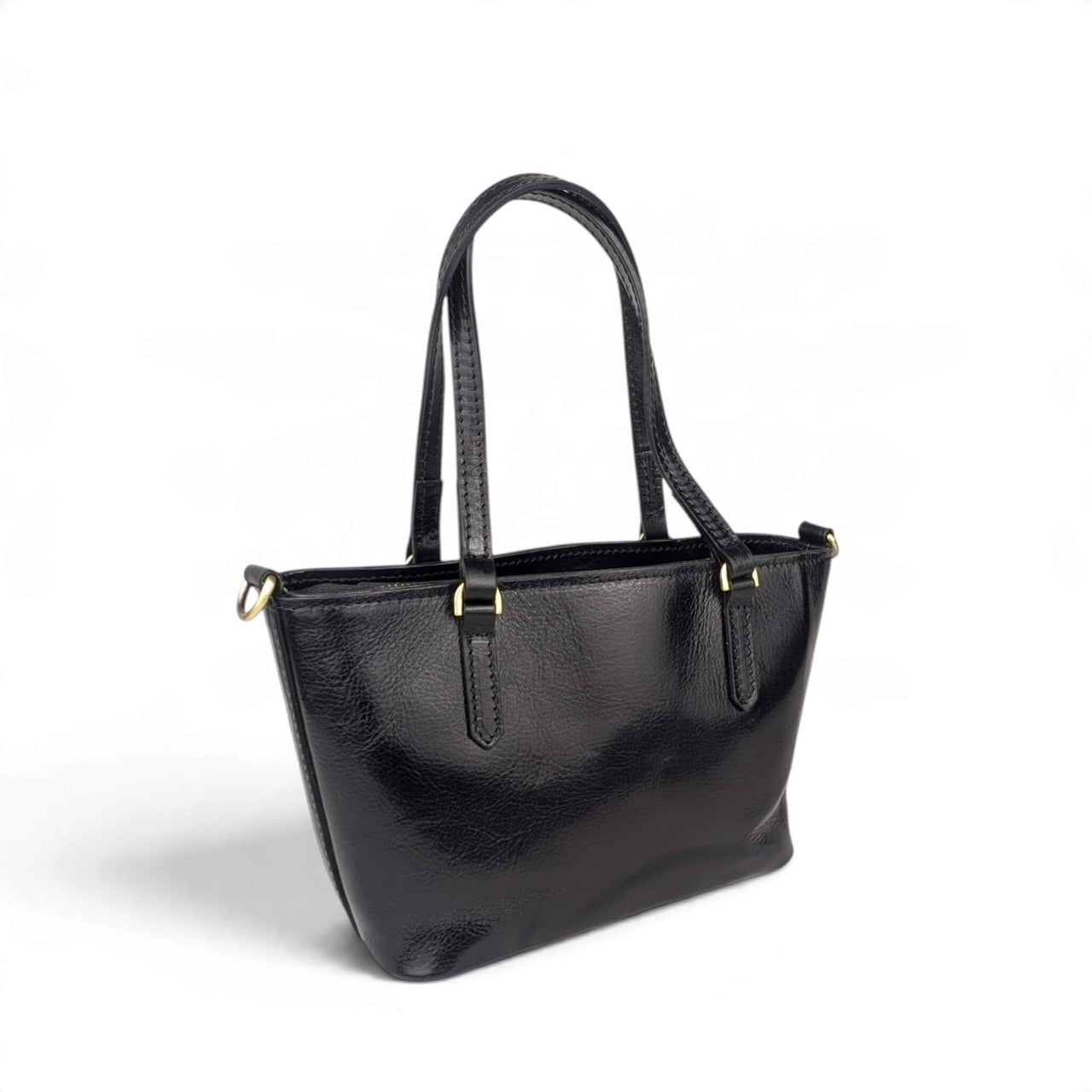 Black leather handbag, back view from the left (2), House of Enira Isual