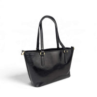 Black leather handbag, back view from the left (2), House of Enira Isual