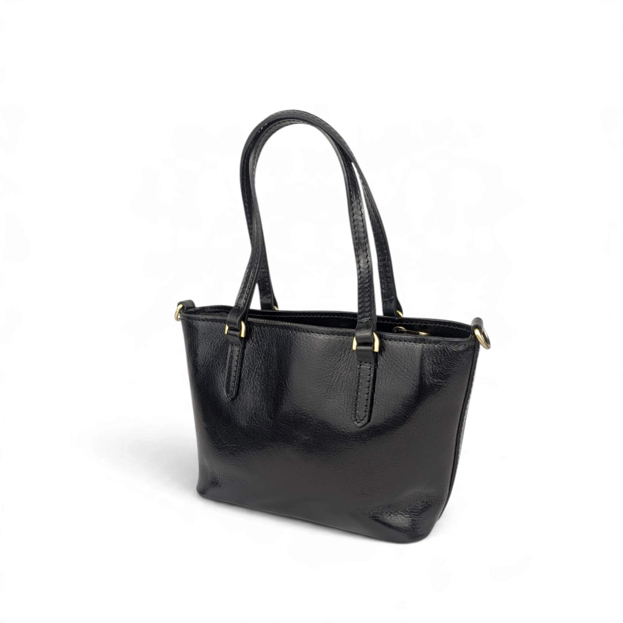 Black leather handbag, back view from the right, House of Enira Isual
