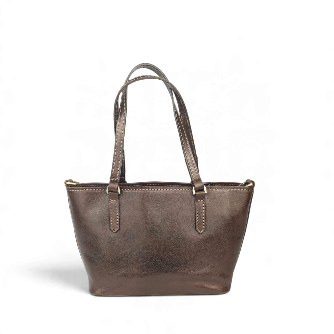 Handtasche aus schokobraunem Leder, Rückansicht, House of Enira Isual