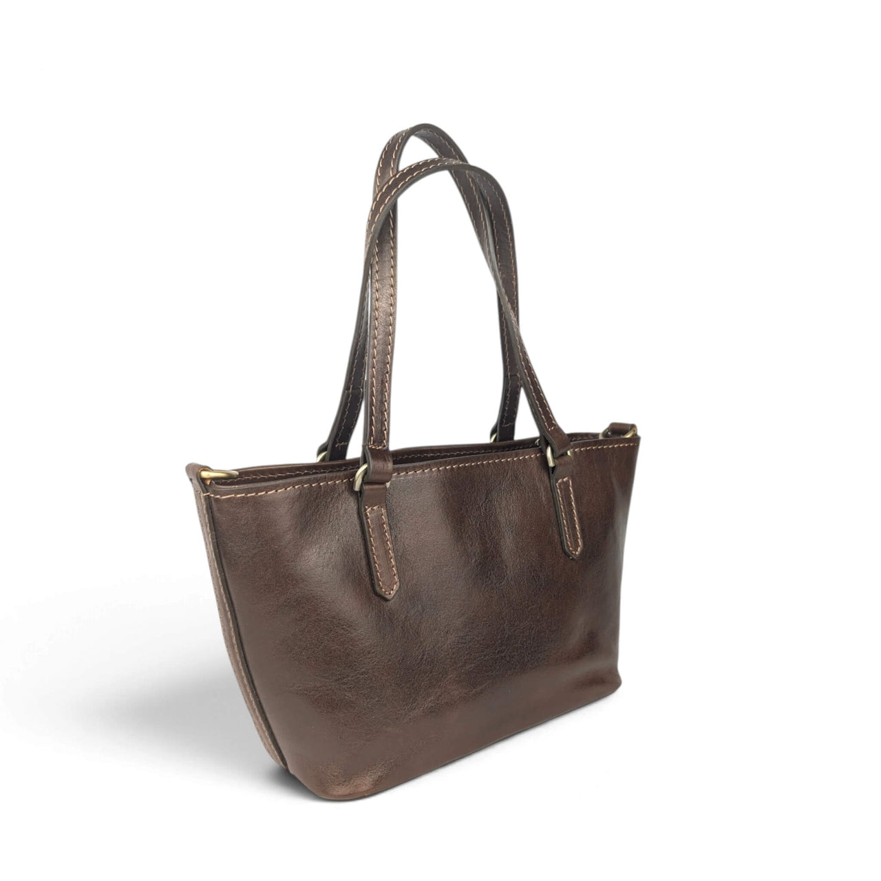 Handtasche aus schokobraunem Leder, Rückansicht von links, House of Enira Isual
