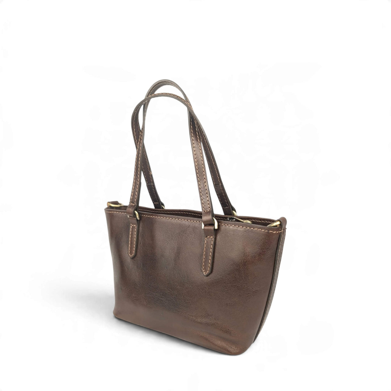 Handtasche aus schokobraunem Leder, Rückansicht von rechts, House of Enira Isual
