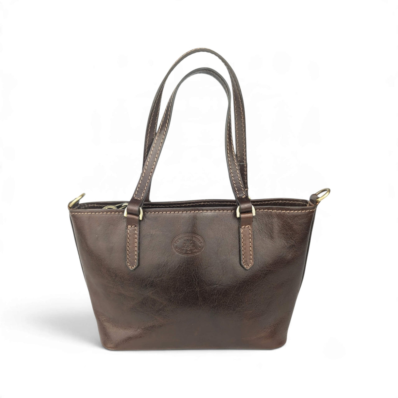 Handtasche aus schokobraunem Leder, Vorderansicht, House of Enira Isual