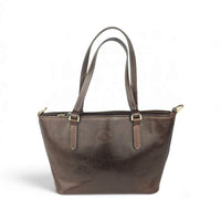 Handtasche aus schokobraunem Leder, Vorderansicht, House of Enira Isual