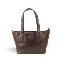 Handtasche aus dunkelbraunem Leder, Vorderansicht, House of Enira Isual