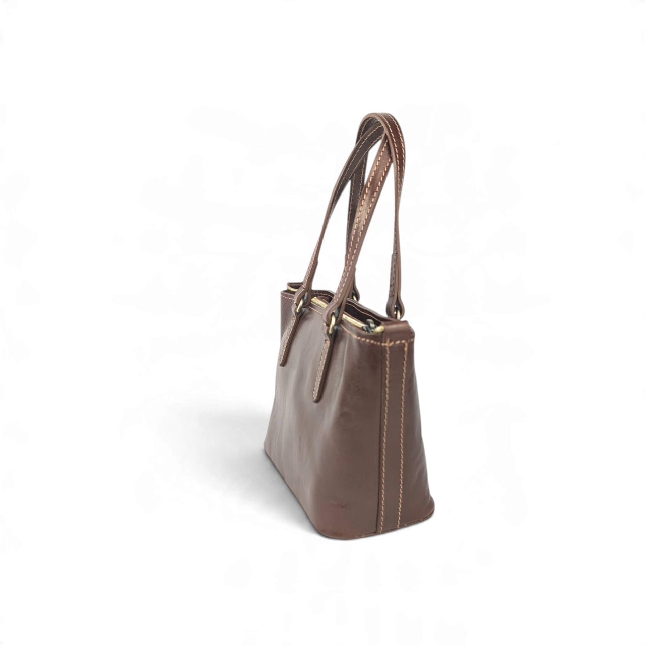 Handtasche aus dunkelbraunem Leder, Seitenansicht, House of Enira Isual