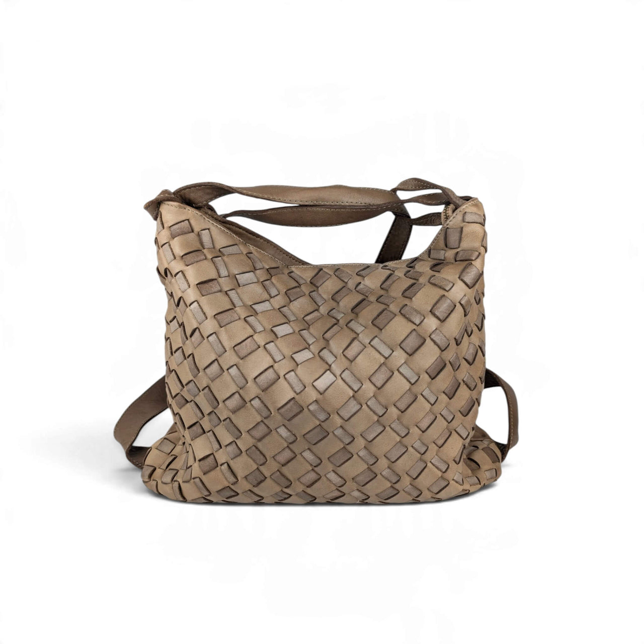 Dark taupe woven leather shoulder bag, worn as a backpack, front view, House of Enira Licea