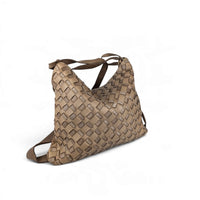 Dark taupe woven leather shoulder bag, worn as a backpack, left back view, House of Enira Licea