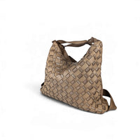 Dark taupe woven leather shoulder bag, worn as a backpack, right back view, House of Enira Licea