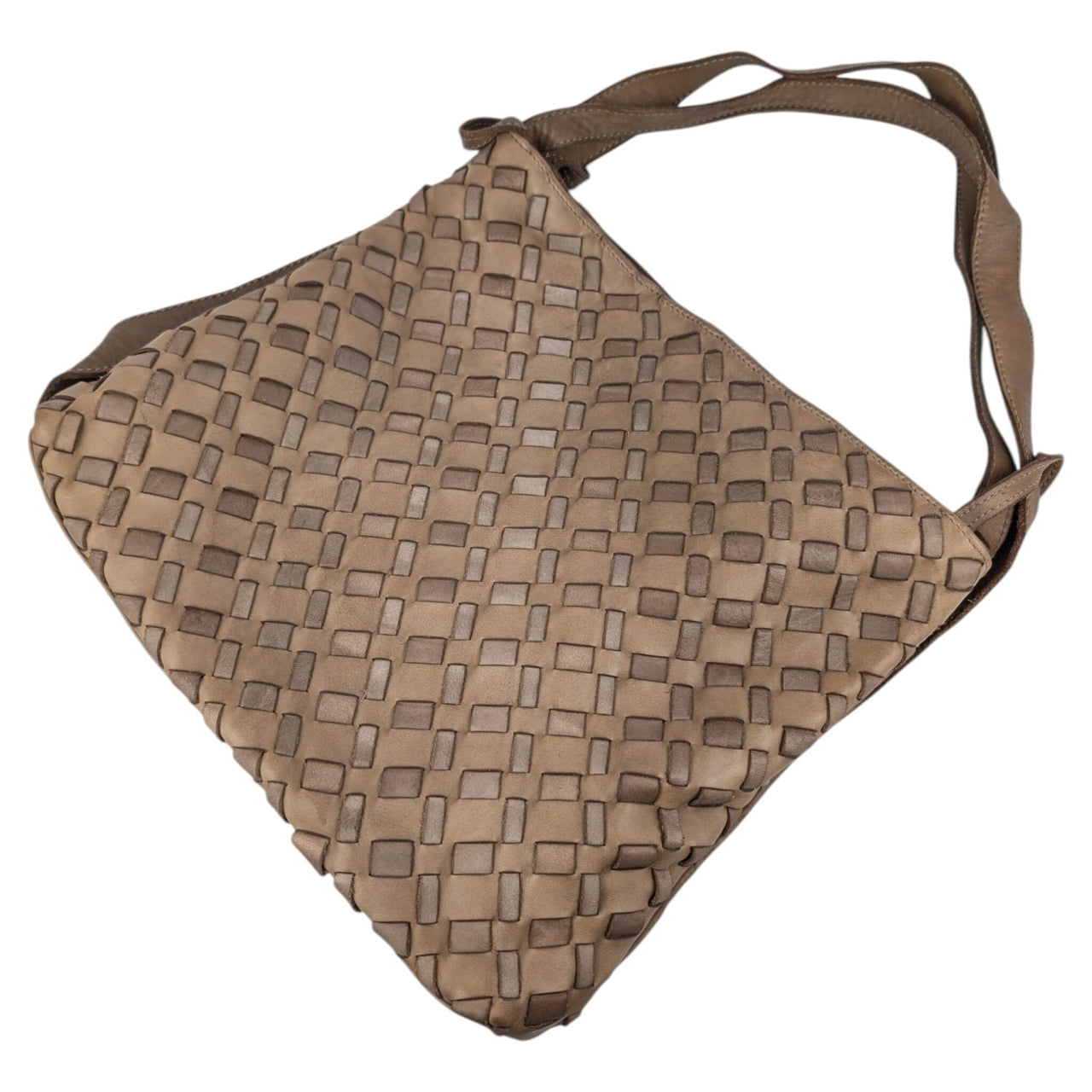 Dark taupe woven leather shoulder bag, flat lay, House of Enira Licea