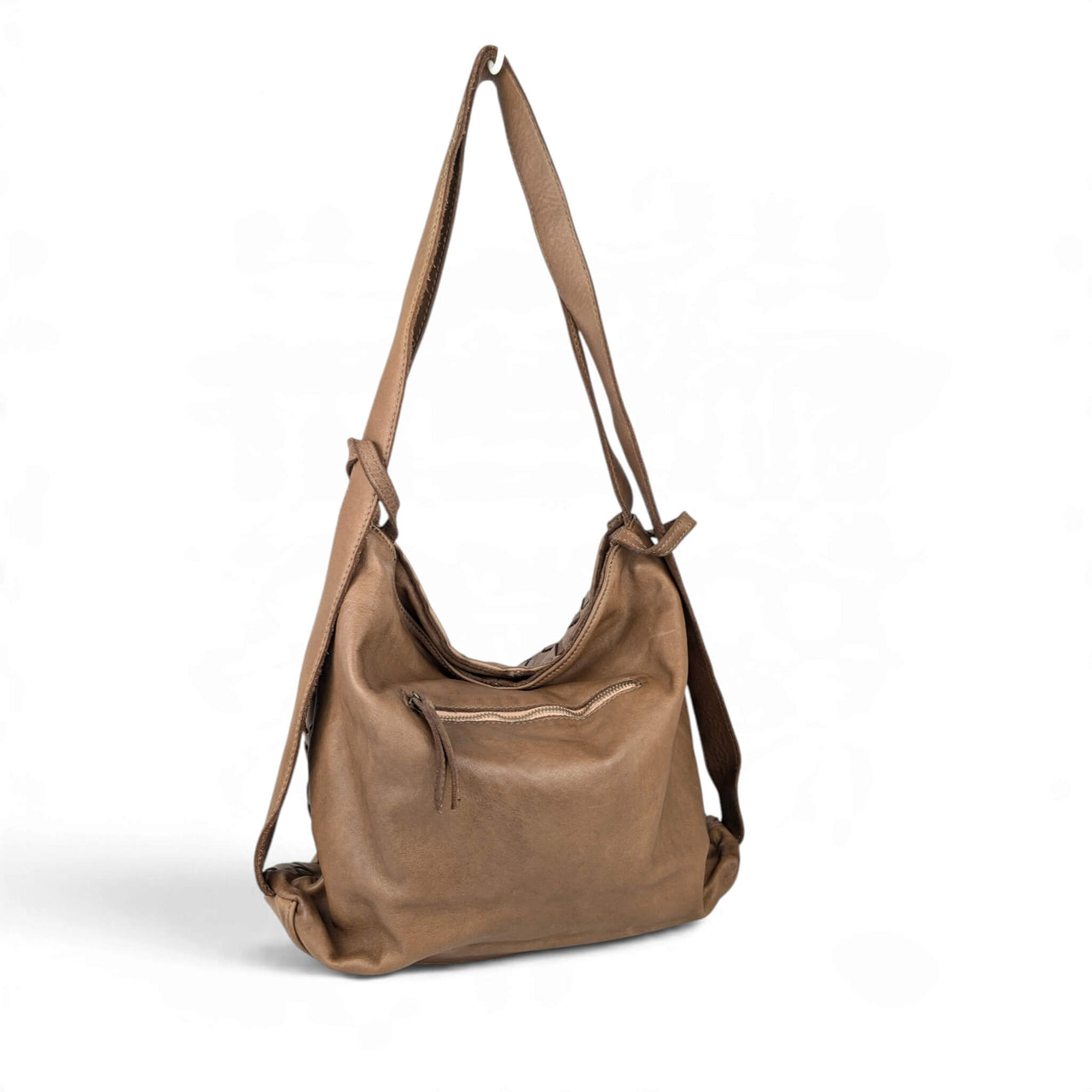 Dark taupe woven leather shoulder bag, back view, House of Enira Licea