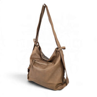 Dark taupe woven leather shoulder bag, back side view, House of Enira Licea