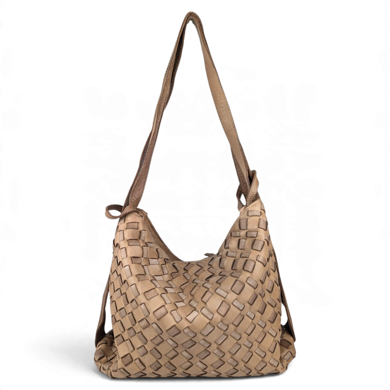 Dark taupe woven leather shoulder bag, front view, House of Enira Licea