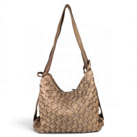 Dark taupe woven leather shoulder bag, front view, House of Enira Licea