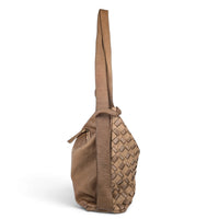 Dark taupe woven leather shoulder bag, side view (2), House of Enira Licea