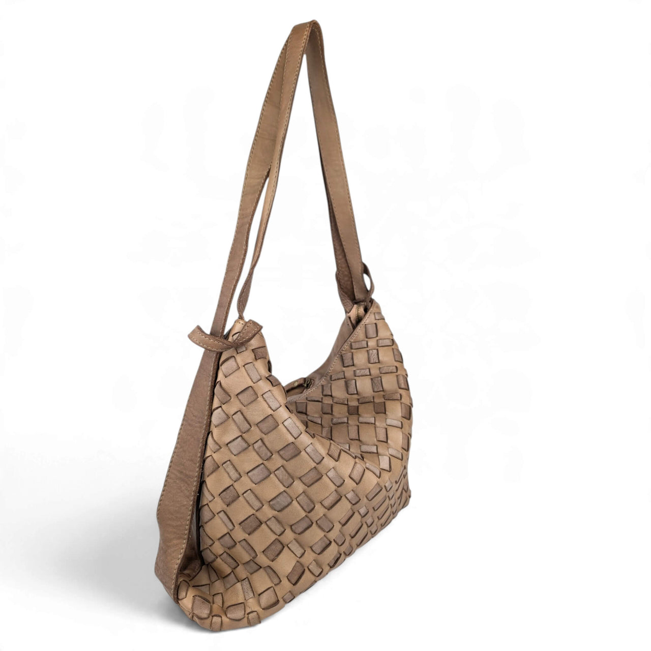 Dark taupe woven leather shoulder bag, side view (4), House of Enira Licea