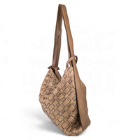Dark taupe woven leather shoulder bag, side view, House of Enira Licea