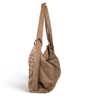 Dark taupe woven leather shoulder bag, side view (3), House of Enira Licea