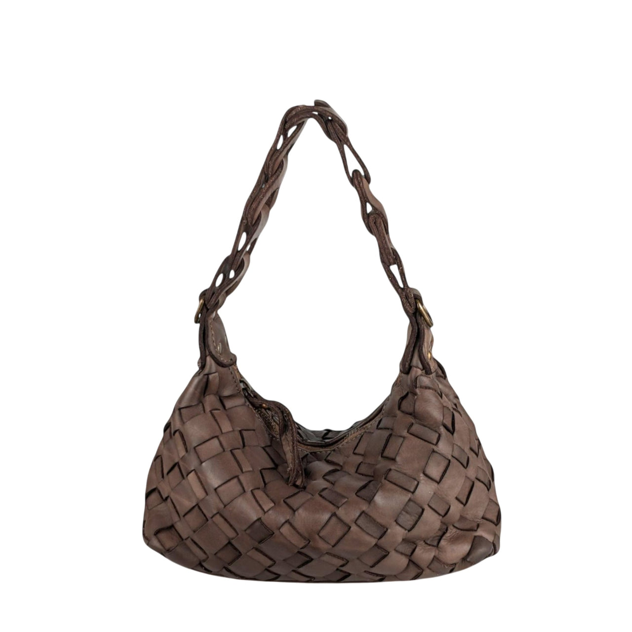 Brown woven handbag on a white background
