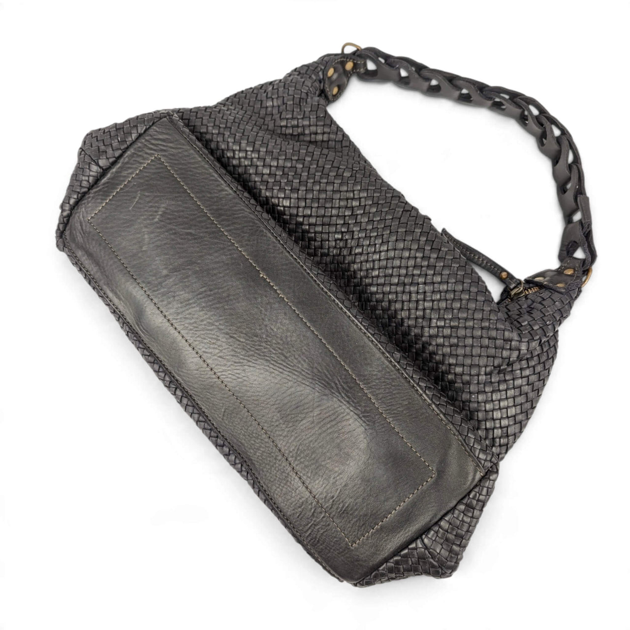 Black woven napa leather hobo bag, flat lay back view, House of Enira Talisca