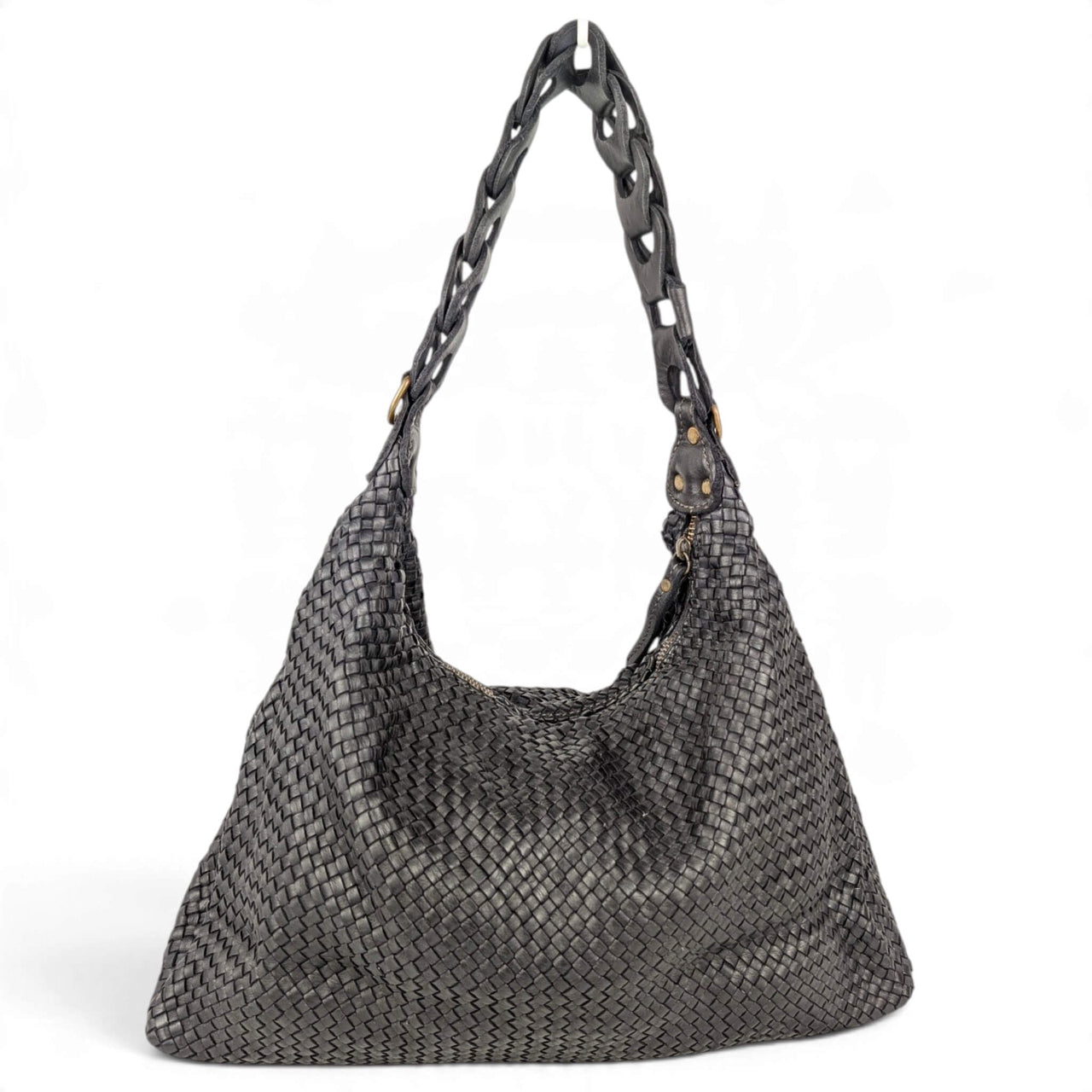 Black woven napa leather hobo bag, back view, House of Enira Talisca