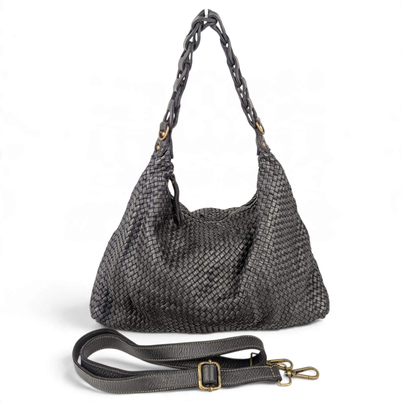 Black woven napa leather hobo bag, front view with the long strap removed, House of Enira Talisca