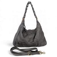 Black woven napa leather hobo bag, front view with the long strap removed, House of Enira Talisca