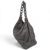 Black woven napa leather hobo bag, front view from the right, House of Enira Talisca
