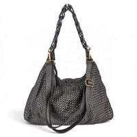 Black woven napa leather hobo bag, front view with the shoulder strap attached, House of Enira Talisca