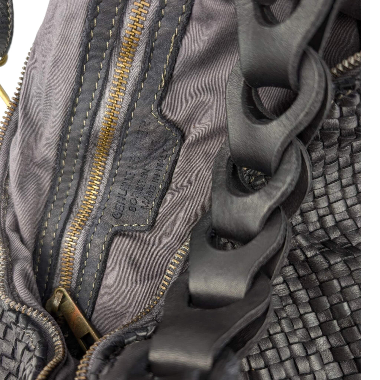 Black woven napa leather hobo bag, interior zipped pocket, House of Enira Talisca