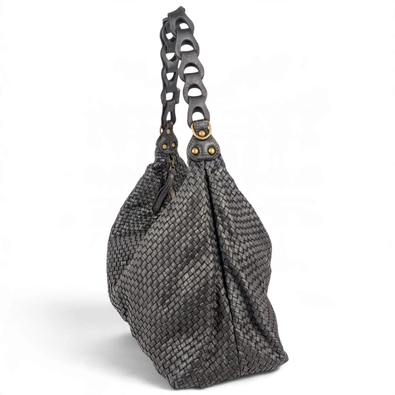Black woven napa leather hobo bag, side view, House of Enira Talisca