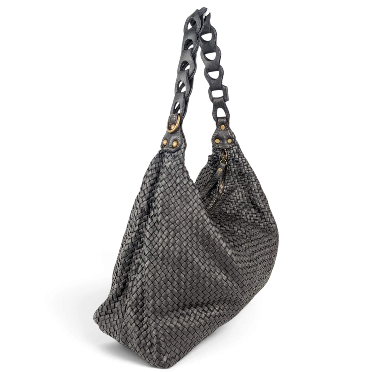 Black woven napa leather hobo bag, side view from the left, House of Enira Talisca