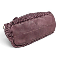 Bottom view of burgundy woven leather shoulder bag