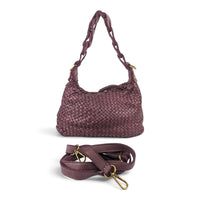 Front view of burgundy woven leather shoulder bag with the long strap attached