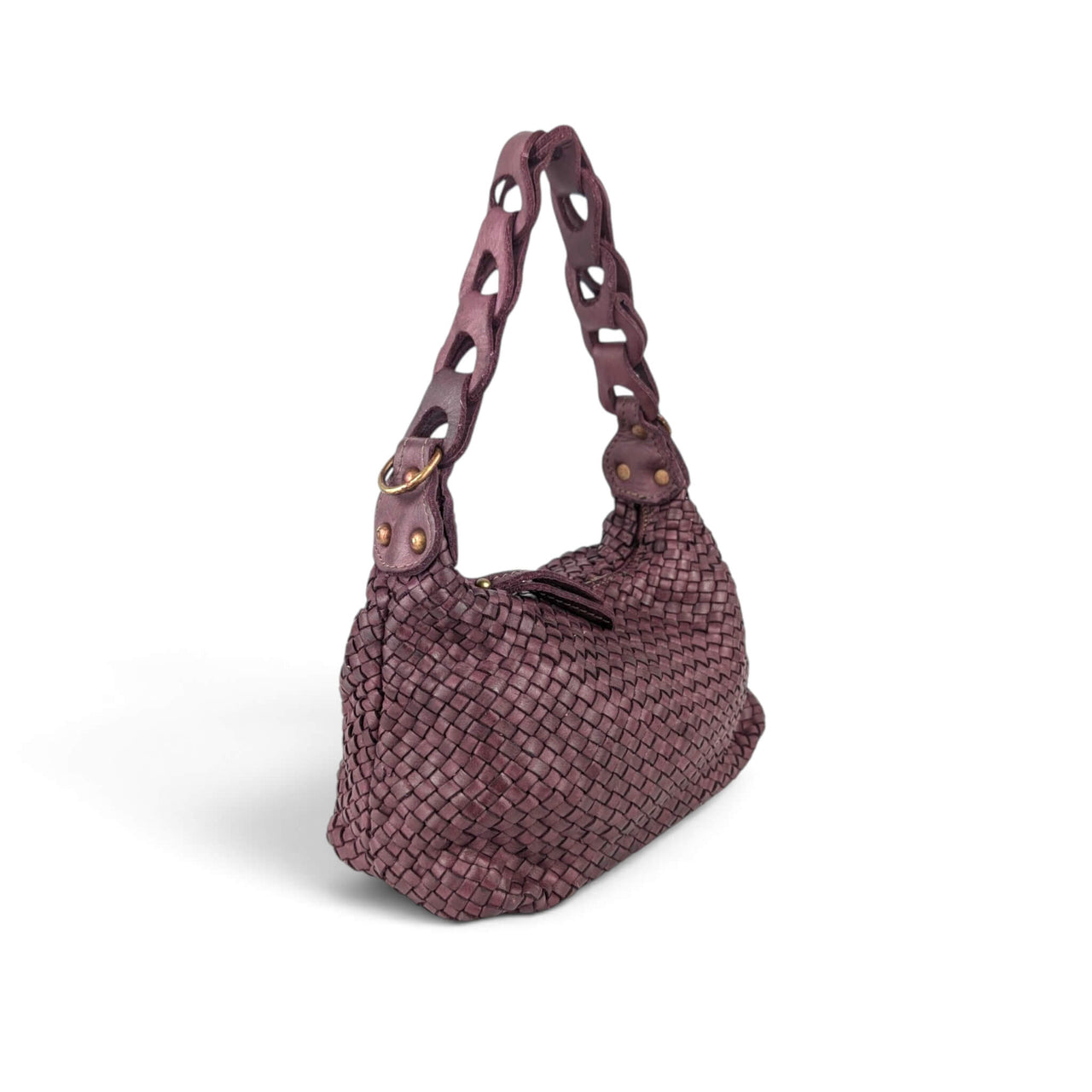 Side view of burgundy woven leather shoulder bag