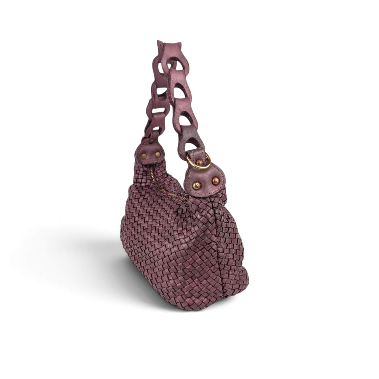 Side view of burgundy woven leather shoulder bag