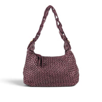 Front view of burgundy woven leather shoulder bag, House of Enira Velnola