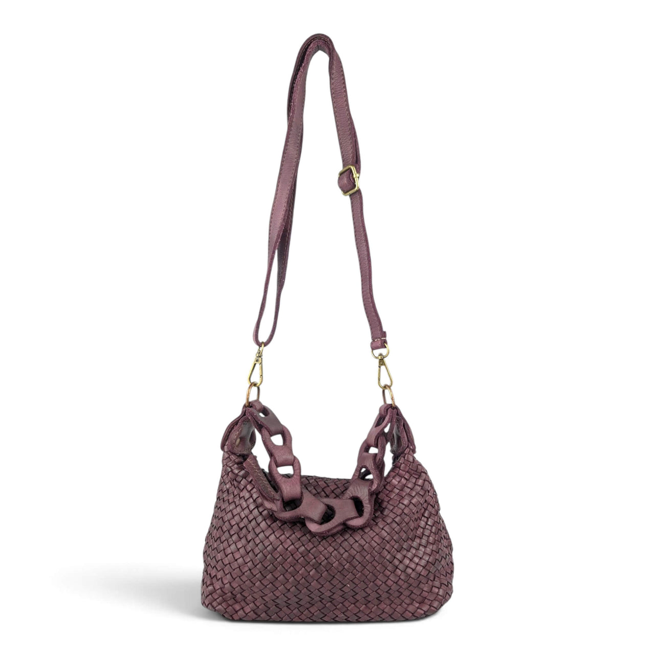 Burgundy woven leather shoulder bag with the long crossbody strap attached