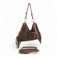 marron suede fringe hobo bag with braided knot shoulder strap, gold rings, and long detachable crossbody strap.