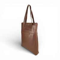 Handmade Italian in durable pebbled leather long shopper tote in marron brown with dual straps and subtile zipped pocket